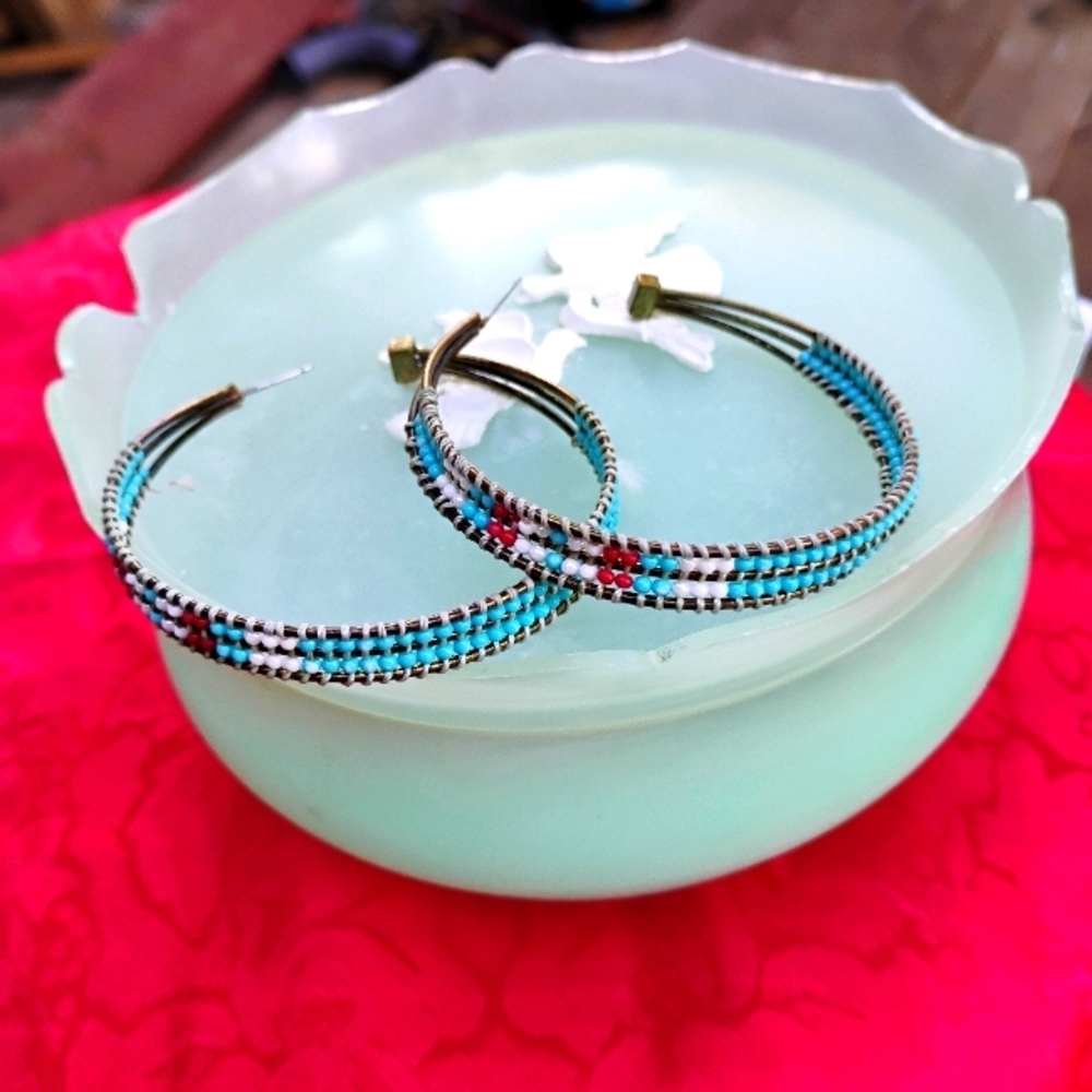 Vintage Patina Metal And Beadwork Large Hoop Earrings. 2.5"​​